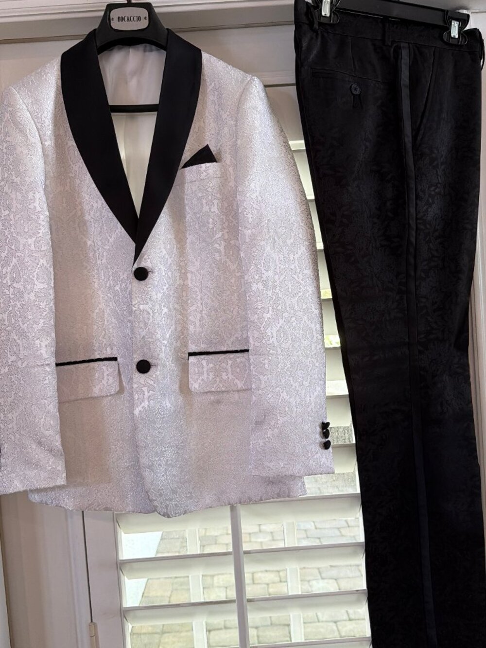 Boys White Jacquard Tuxedo Jacket with Black Shawl Collar